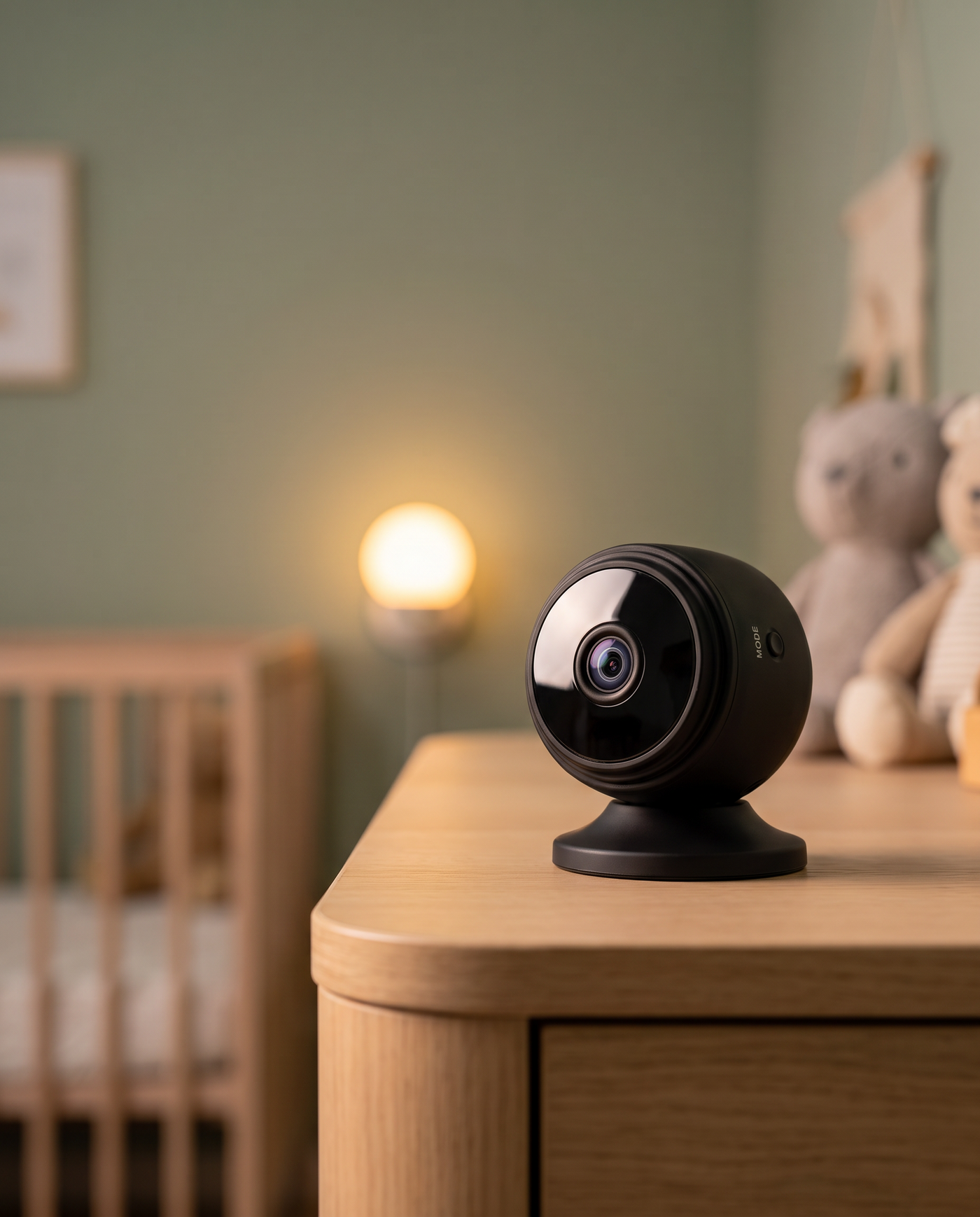 Mini cámara Camshield 1080p sobre cómoda en habitación infantil