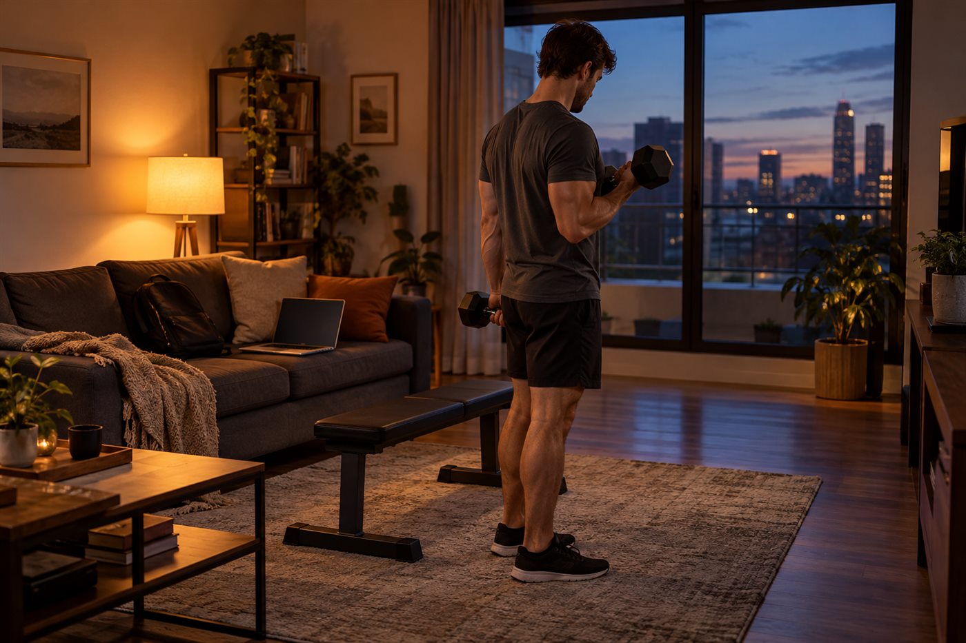 Un chico entrenando en su casa después del trabajo